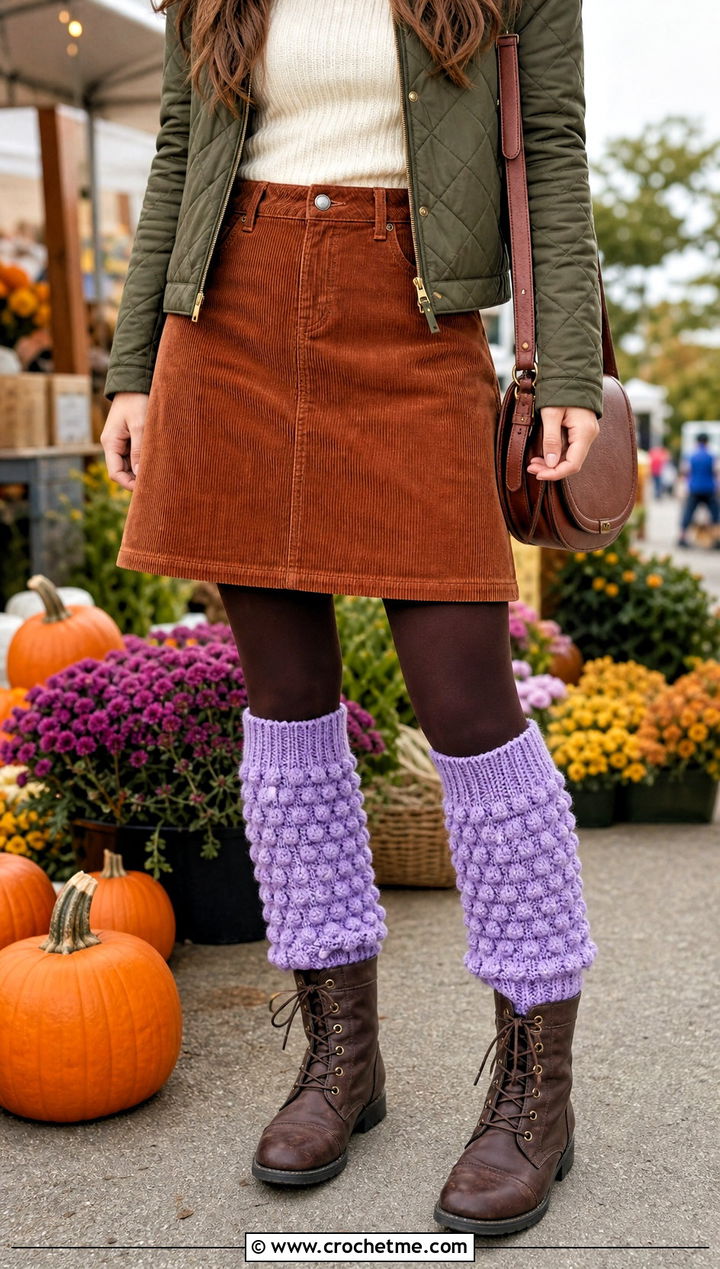 Bobble Stitch Crochet Leg Warmers With Corduroy Skirt - 30 aesthetic crochet leg warmers outfit ideas