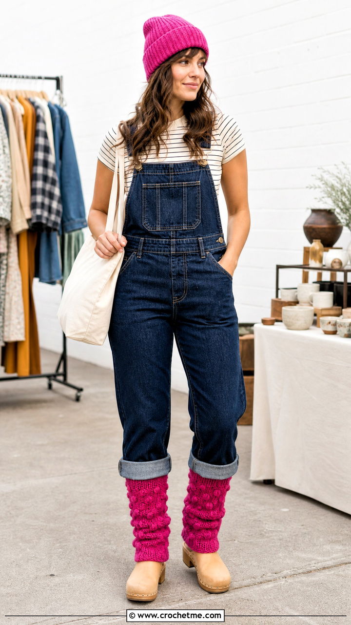 Bobble Stitch Crochet Leg Warmers With Denim Overalls - 35 crochet leg warmers outfit ideas