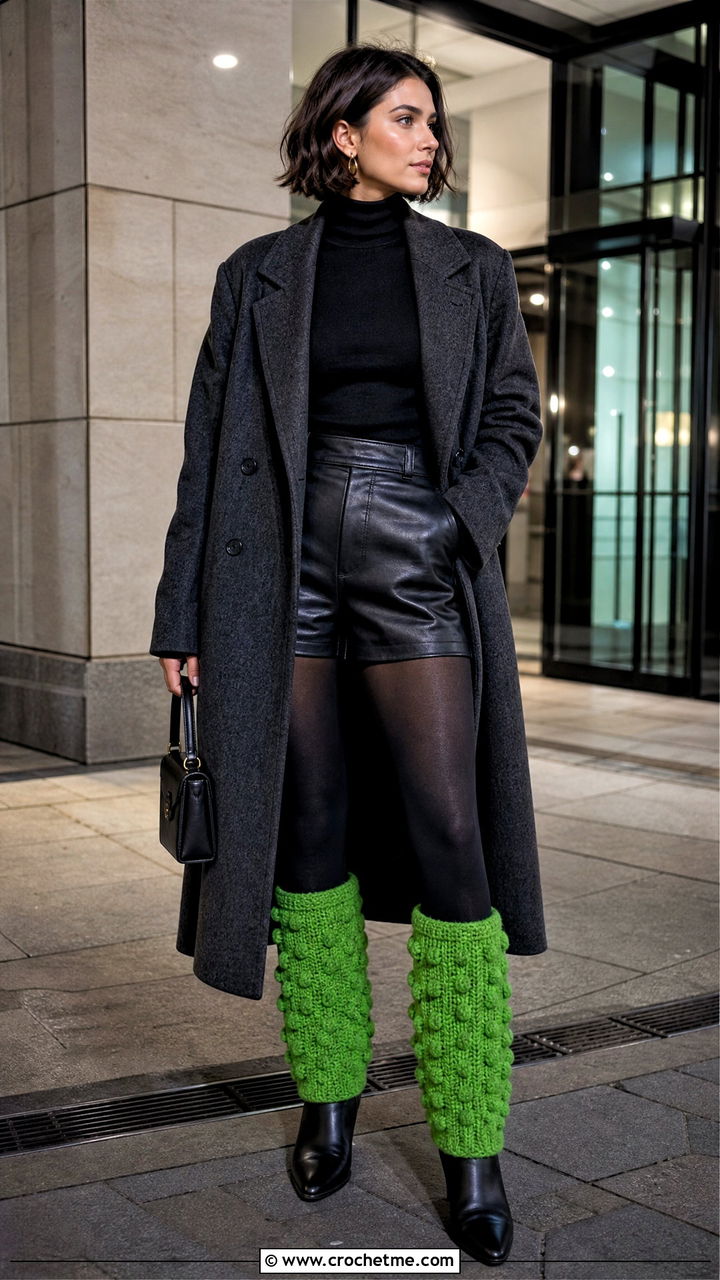 Bobble Stitch Crochet Legwarmers With Leather Shorts And Turtleneck - 35 crochet legwarmers outfit ideas