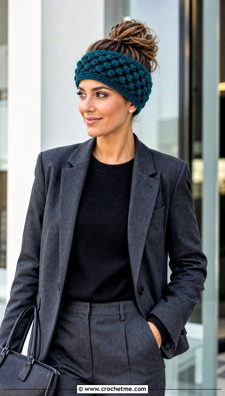 Bobble Stitch Crochet Messy Bun Ear Warmer With Trouser Suit - 20 Crochet Messy Bun Ear Warmer outfit ideas