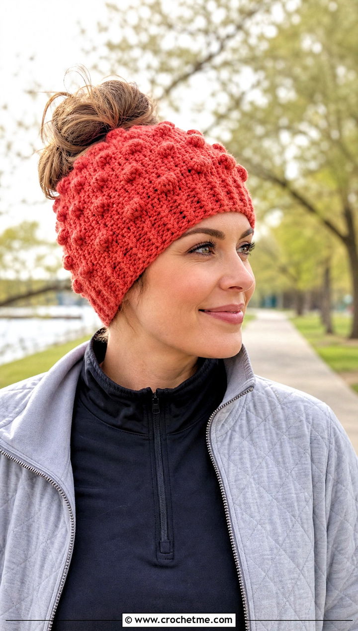 Bobble Stitch Crochet Messy Bun Hat With Athleisure - 15 Easy Crochet Messy Bun Hat outfit ideas