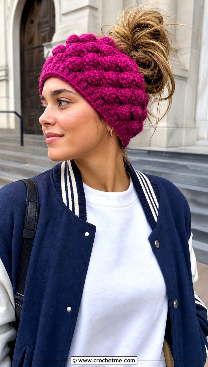 Bobble Stitch Crochet Messy Bun Hat With Elastic And Varsity Jacket - 25 Crochet Messy Bun Hat With Elastic outfit ideas
