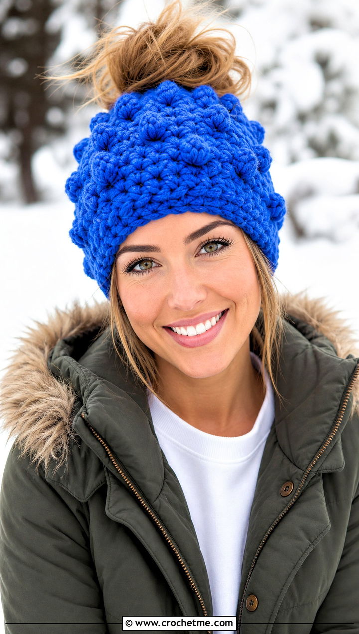 Bobble Stitch Crochet Messy Bun Hat With Parka - 20 Crochet Messy Bun Hat Bulky Yarn outfit ideas