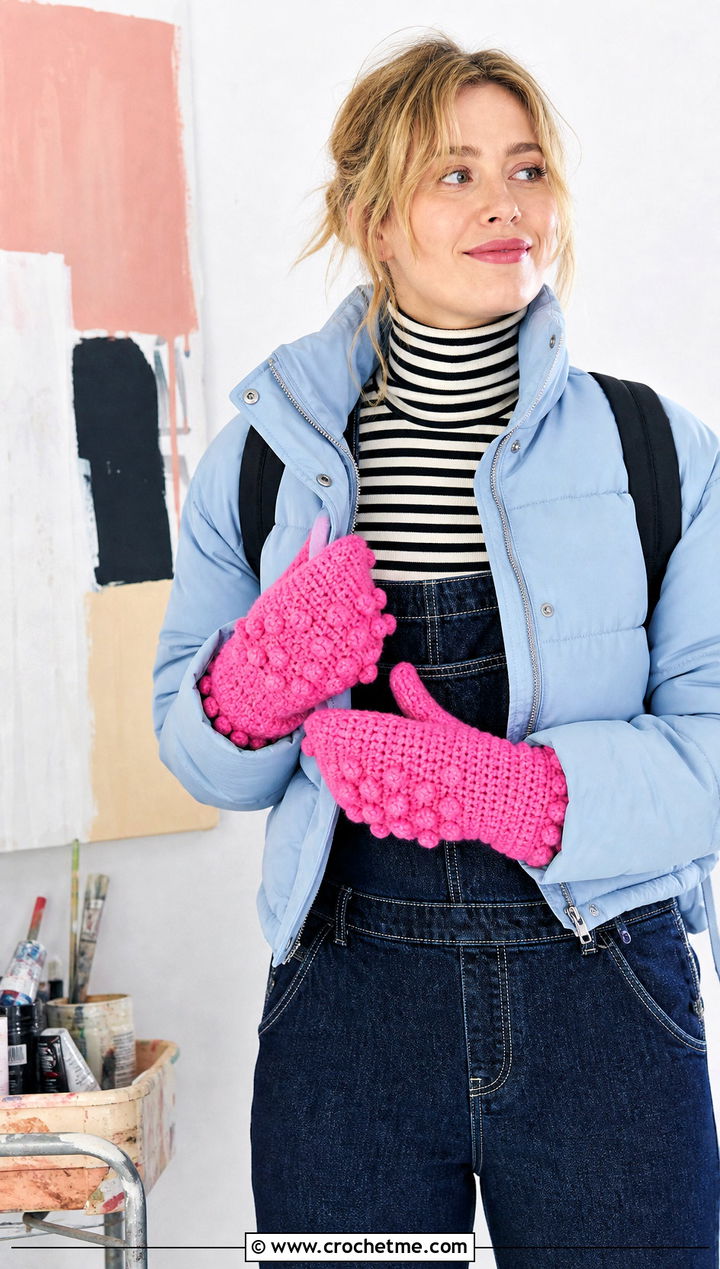 Bobble Stitch Crochet Mittens With Denim Overalls - 25 quick crochet mittens outfit ideas