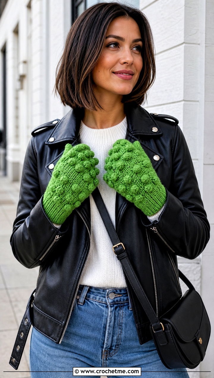 Bobble Stitch Crochet Mittens With Leather Jacket - 25 women crochet mittens outfit ideas