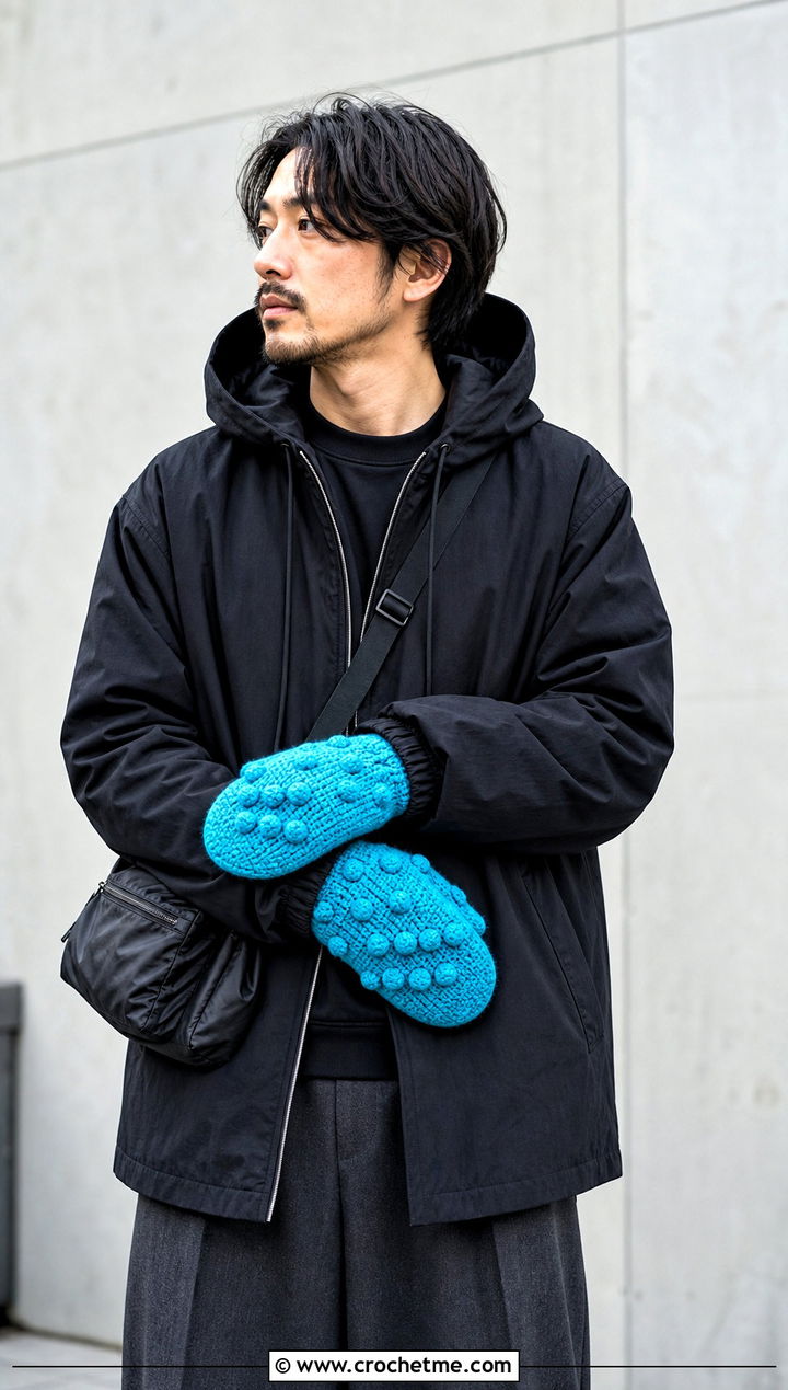 Bobble Stitch Crochet Mittens With Monochrome Streetwear - 25 Crochet Mens Mittens outfit ideas