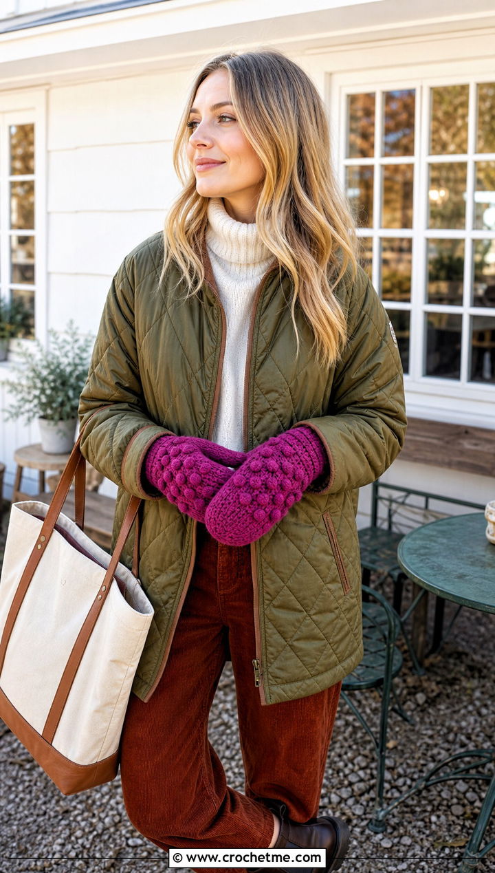 Bobble Stitch Crochet Mittens With Quilted Jacket and Corduroy Pants - 25 Simple Crochet Mittens outfit ideas