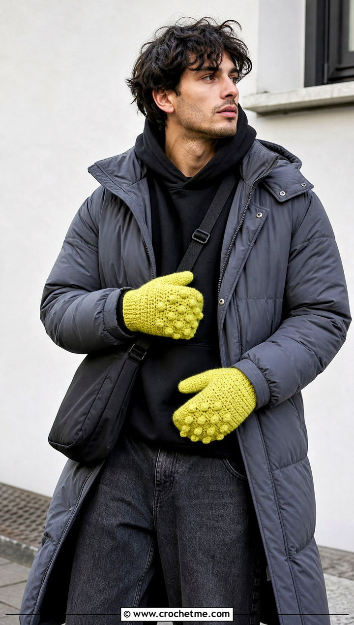 Bobble Stitch Crochet Mittens With Streetwear Coat - 25 crochet mittens for men outfit ideas