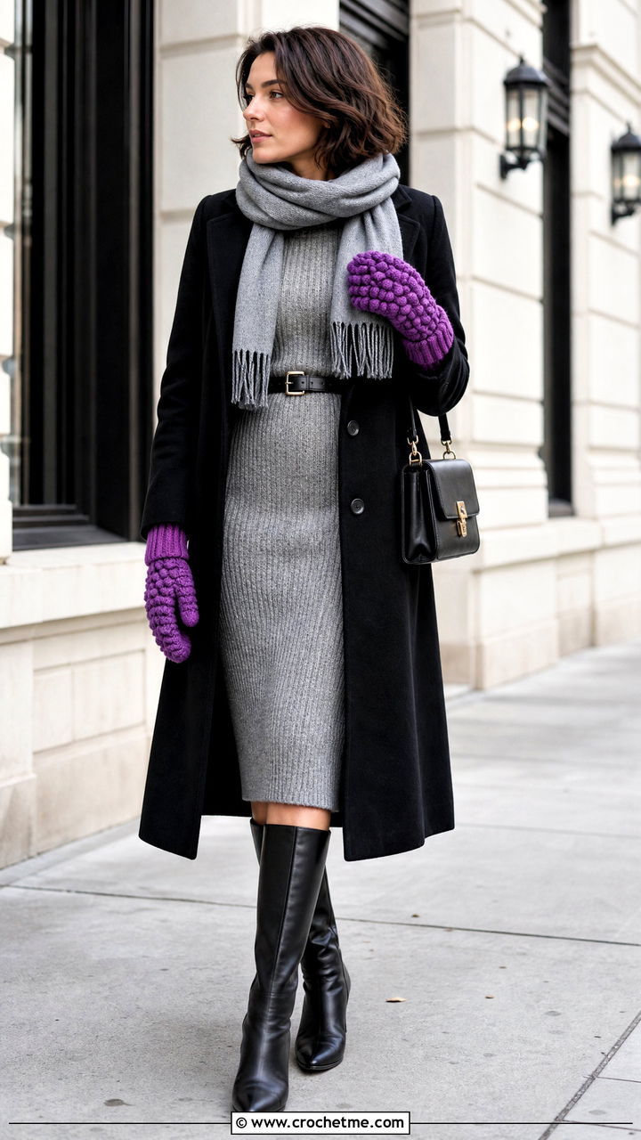 Bobble Stitch Crochet Mittens With Sweater Dress - 35 crochet mittens outfit ideas