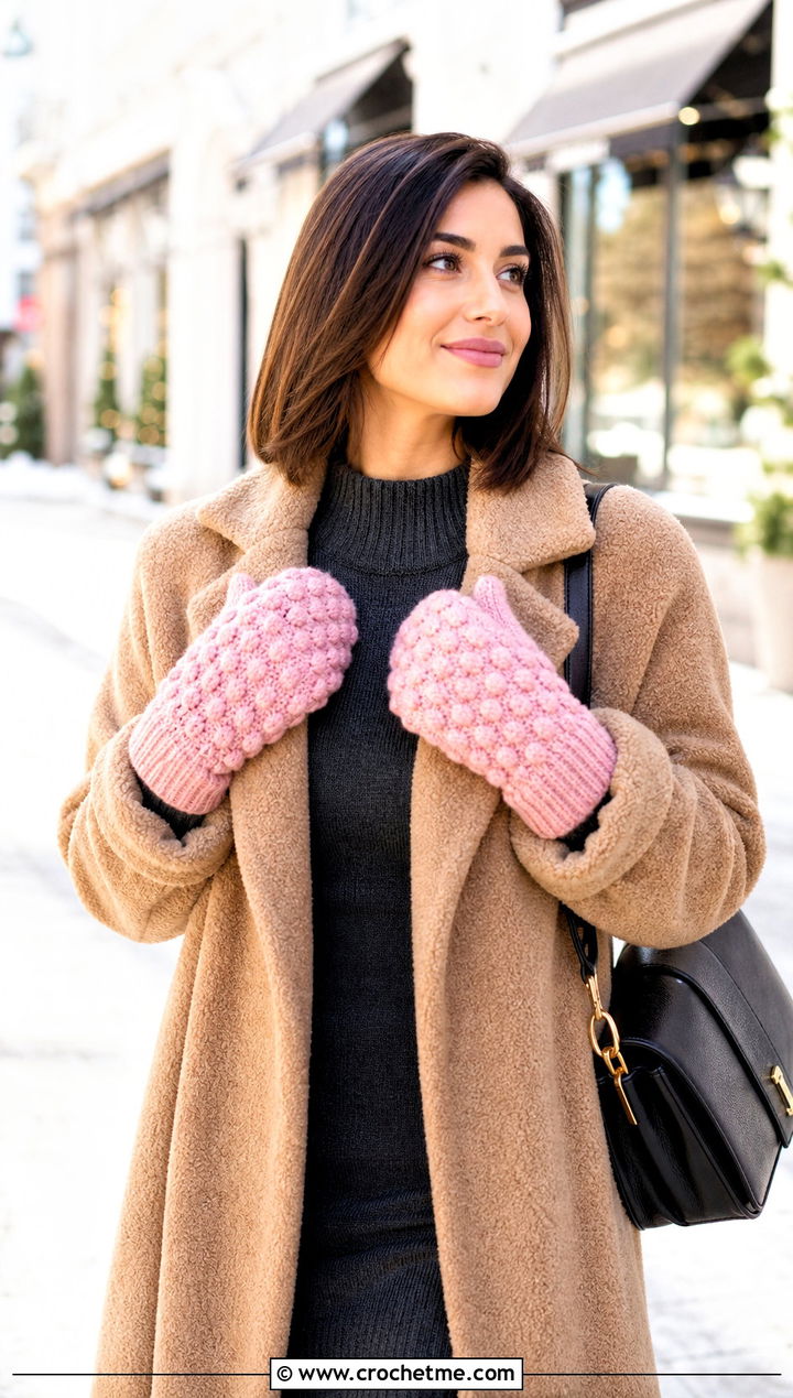 Bobble Stitch Crochet Mittens With Teddy Coat - 25 cute crochet mittens outfit ideas