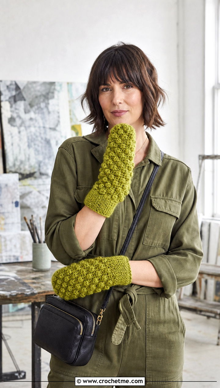 Bobble Stitch Crochet Mittens With Utility Jumpsuit - 30 crochet hand mittens outfit ideas