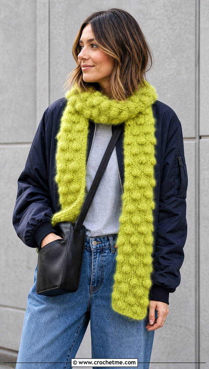 Bobble Stitch Crochet Mohair Scarf With Bomber Jacket - 30 crochet mohair scarf outfit ideas