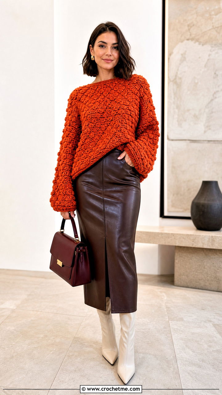 Bobble Stitch Crochet Oversized Sweater With Pencil Skirt - 35 crochet oversized sweater outfit ideas