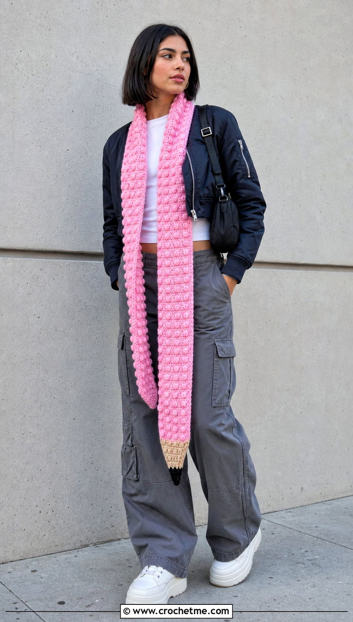 Bobble Stitch Crochet Pencil Scarf With Cargo Pants - 25 Crochet Pencil Scarf outfit ideas