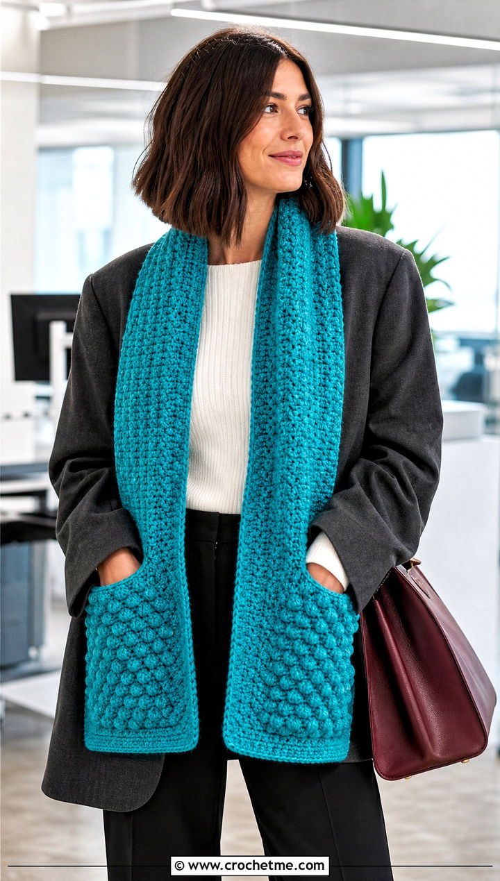 Bobble Stitch Crochet Pocket Scarf With Blazer - 15 Crochet Scarf With Hand Pockets outfit ideas