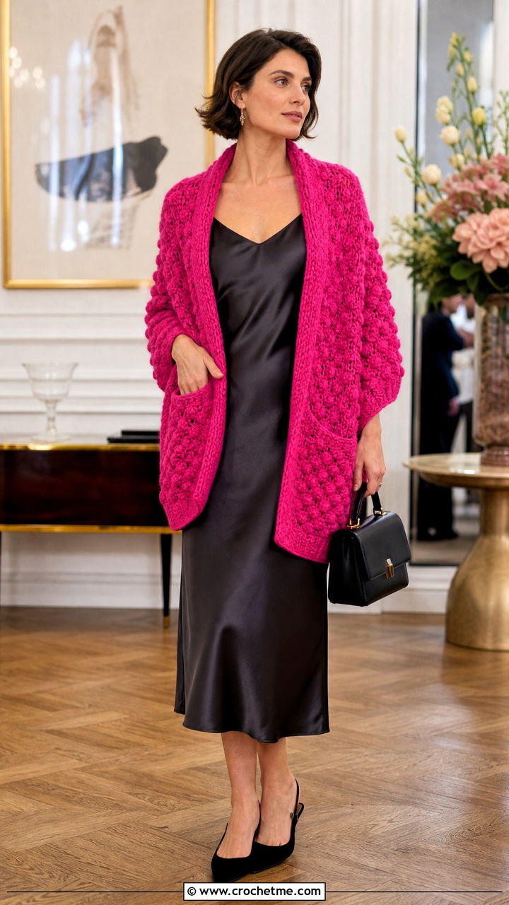Bobble Stitch Crochet Pocket Shawl With Slip Dress - 35 crochet pocket shawl outfit ideas
