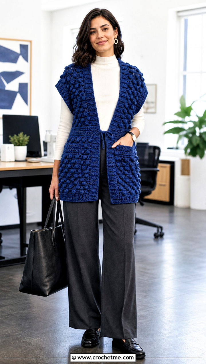 Bobble Stitch Crochet Pocket Wrap With Wide Leg Trousers - 25 Crochet Pocket Wrap outfit ideas