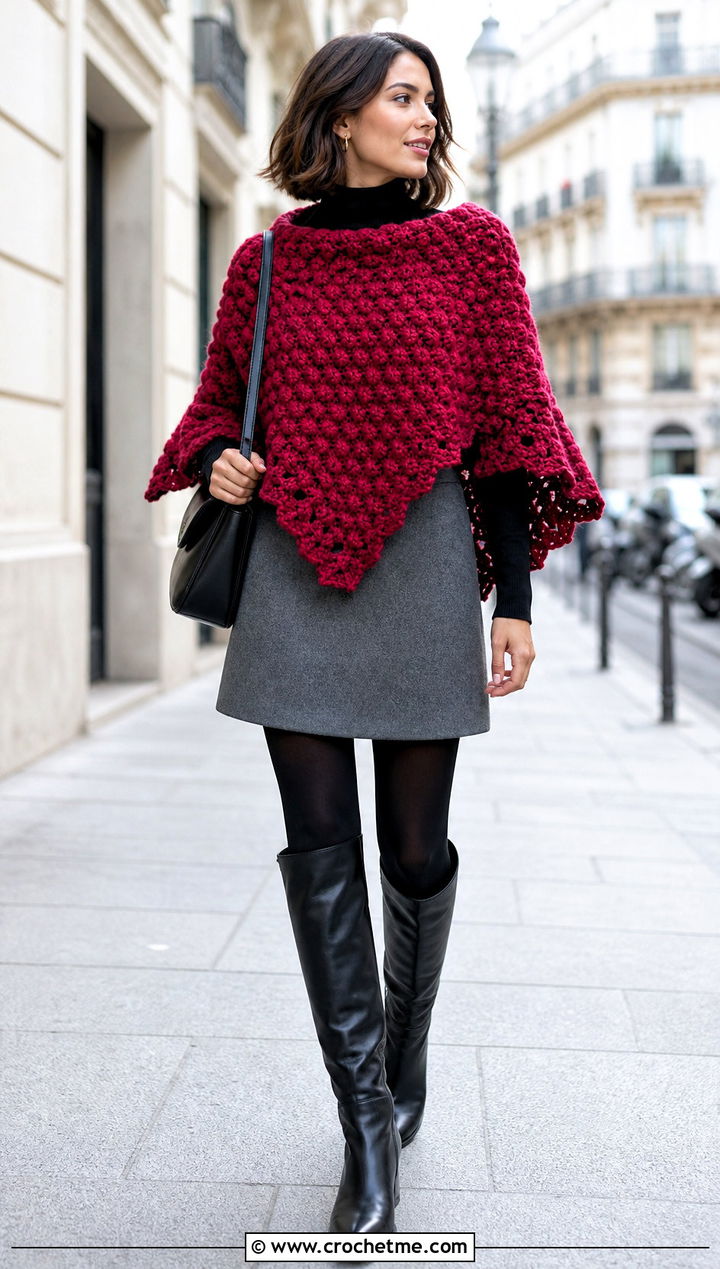 Bobble Stitch Crochet Poncho With A Mini Skirt And Boots - 25 Simple Crochet Poncho outfit ideas
