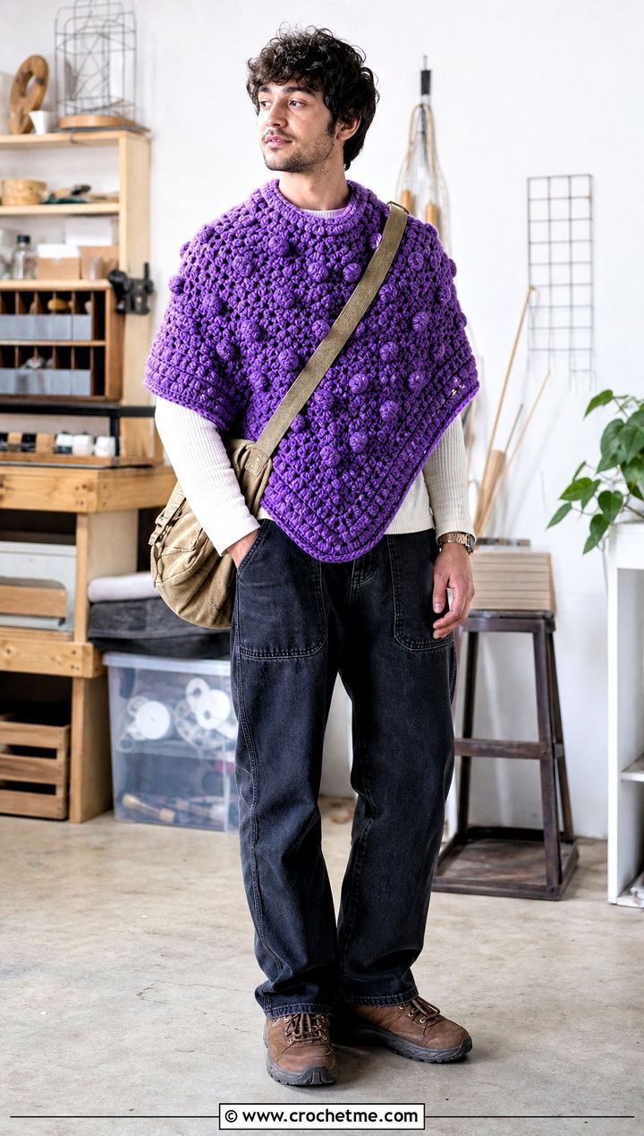 Bobble Stitch Crochet Poncho With Carpenter Jeans - 30 men crochet poncho outfit ideas