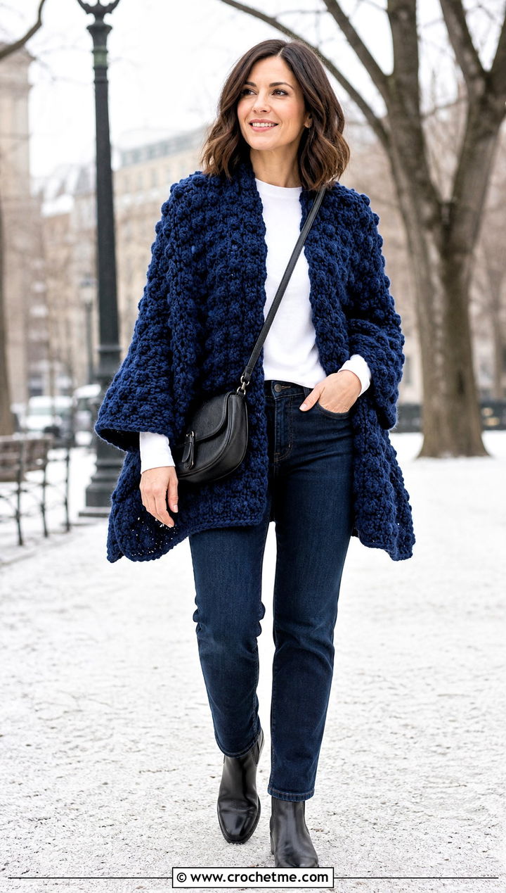 Bobble Stitch Crochet Poncho With Sleeves And Dark Denim - 30 crochet poncho with sleeves outfit ideas