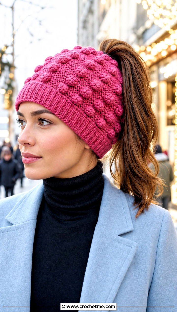 Bobble Stitch Crochet Ponytail Beanie With Mini Skirt - 30 crochet hat with ponytail hole outfit ideas