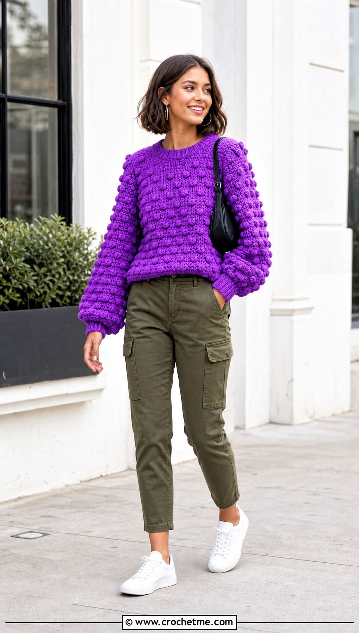Bobble Stitch Crochet Puff Sleeve Sweater With Cargo Pants - 25 Crochet Puff Sleeve Sweater outfit ideas