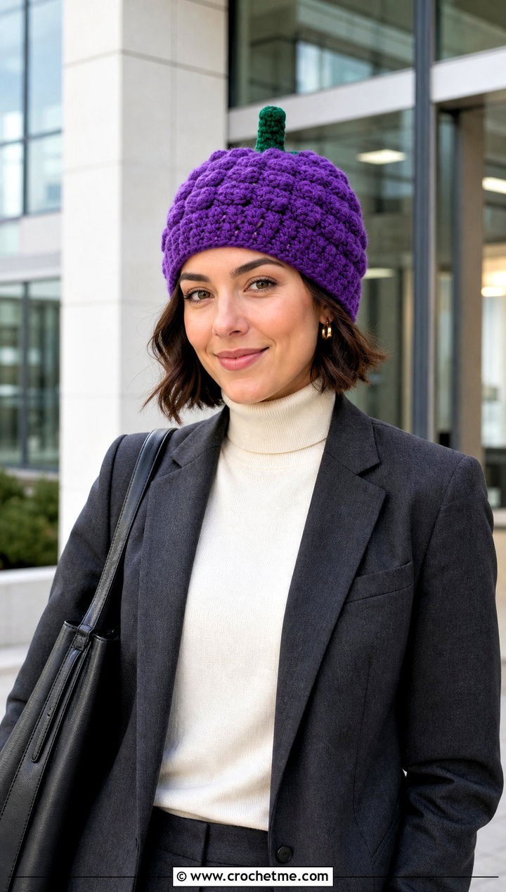 Bobble Stitch Crochet Pumpkin Beanie With Trouser Suit - 30 crochet pumpkin beanie outfit ideas