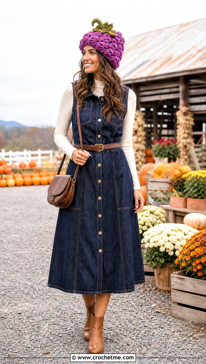 Bobble Stitch Crochet Pumpkin Hat With Denim Dress - 35 crochet pumpkin hat outfit ideas