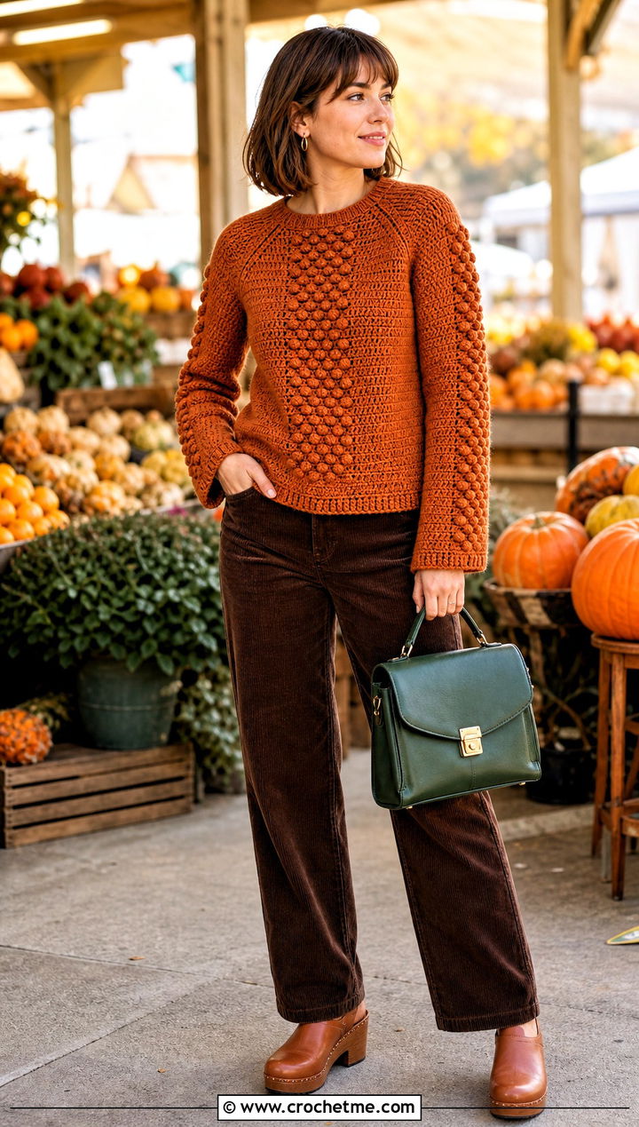 Bobble Stitch Crochet Raglan Top With Corduroy Pants - 30 crochet raglan top outfit ideas
