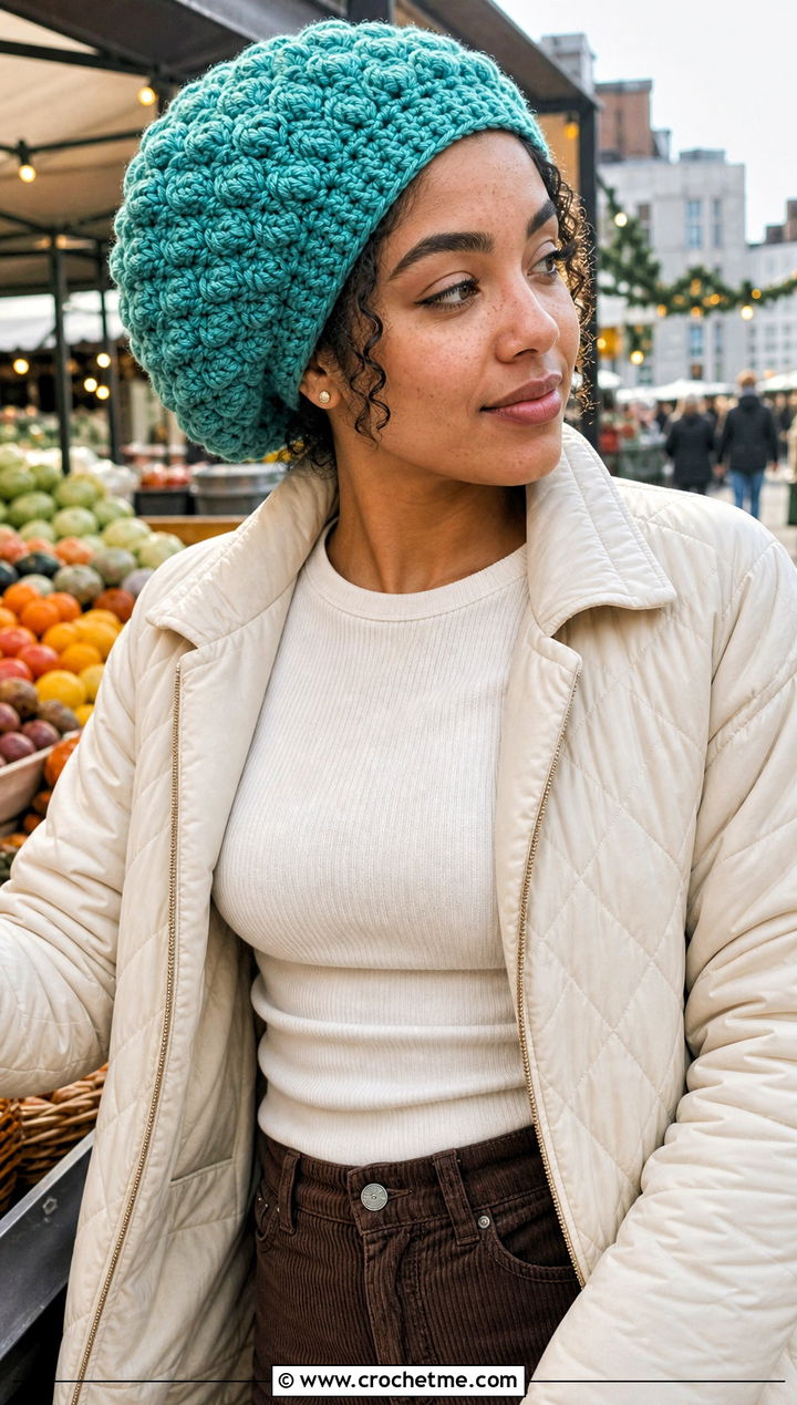 Bobble Stitch Crochet Rasta Tam Hat With Quilted Jacket - 25 crochet rasta tam hat outfit ideas