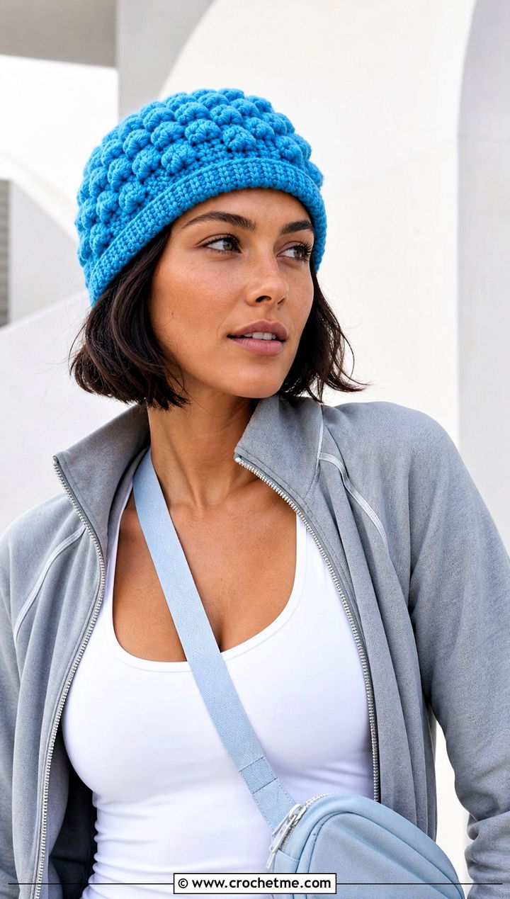 Bobble Stitch Crochet Rectangle Hat With Tracksuit - 25 Crochet Rectangle Hat outfit ideas