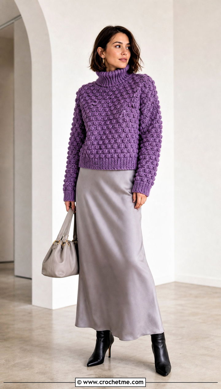 Bobble Stitch Crochet Roll Neck Sweater Over a Slip Dress - 20 Crochet Roll Neck Sweater outfit ideas