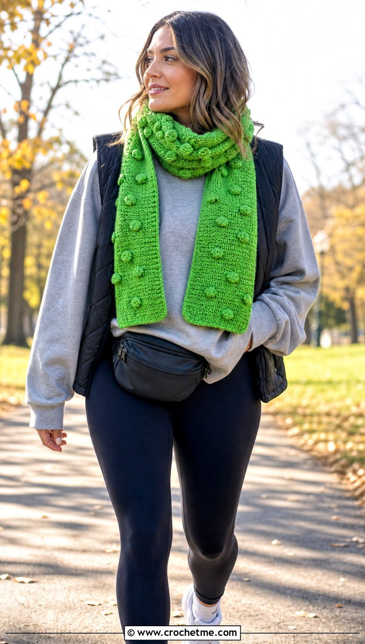 Bobble Stitch Crochet Sally Scarf With Sweatshirt And Leggings - 20 Crochet Sally Scarf outfit ideas
