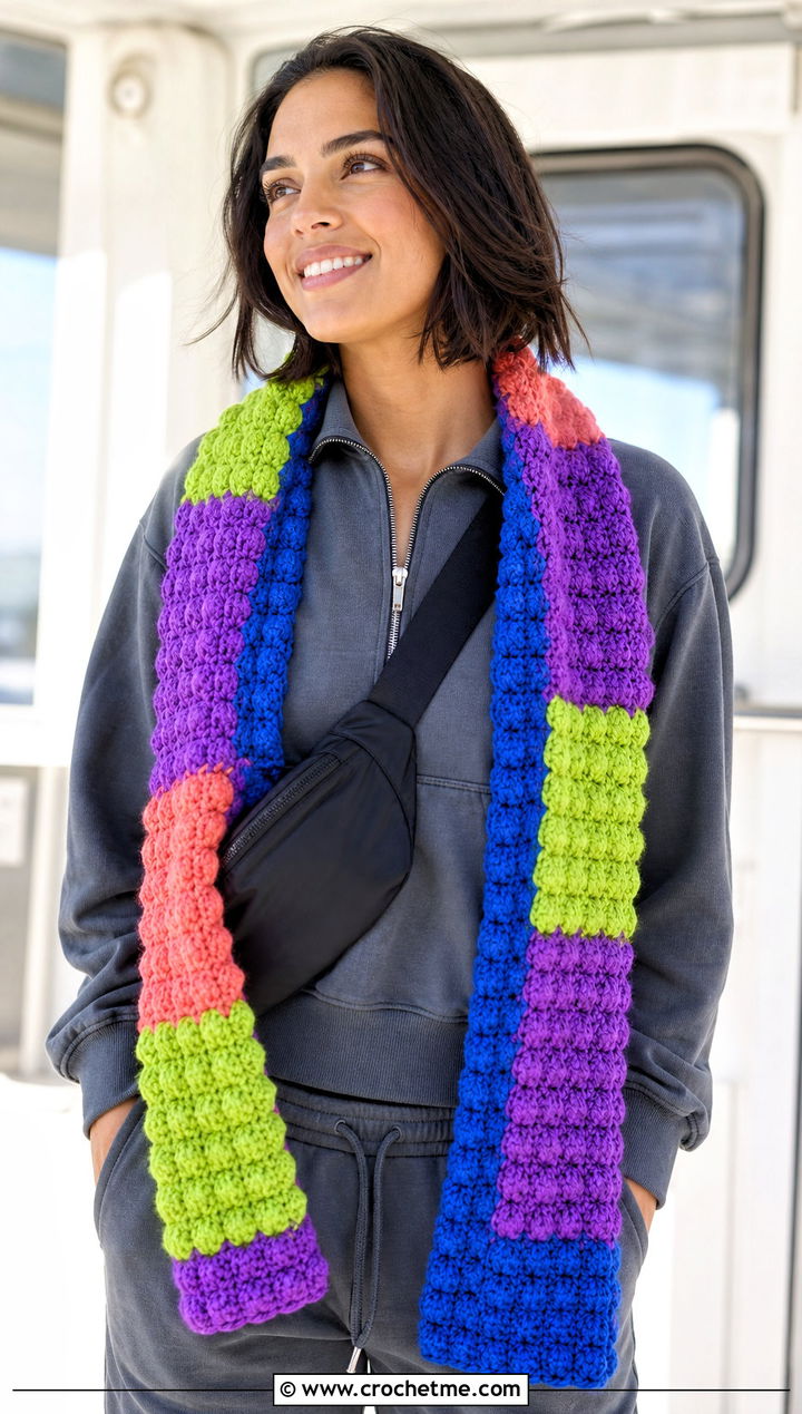 Bobble Stitch Crochet Scarf With Athleisure Outfit - 25 multi colored crochet scarf outfit ideas