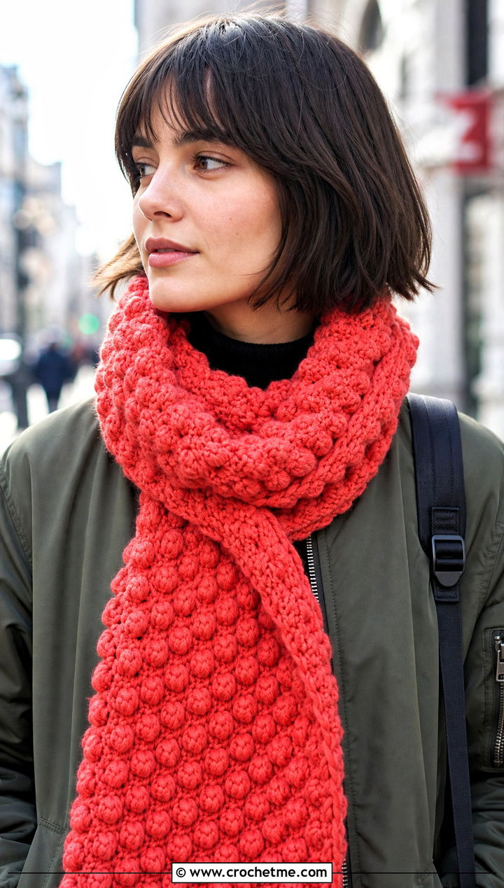Bobble Stitch Crochet Scarf With Bomber Jacket - 30 wanderlust crochet scarf outfit ideas