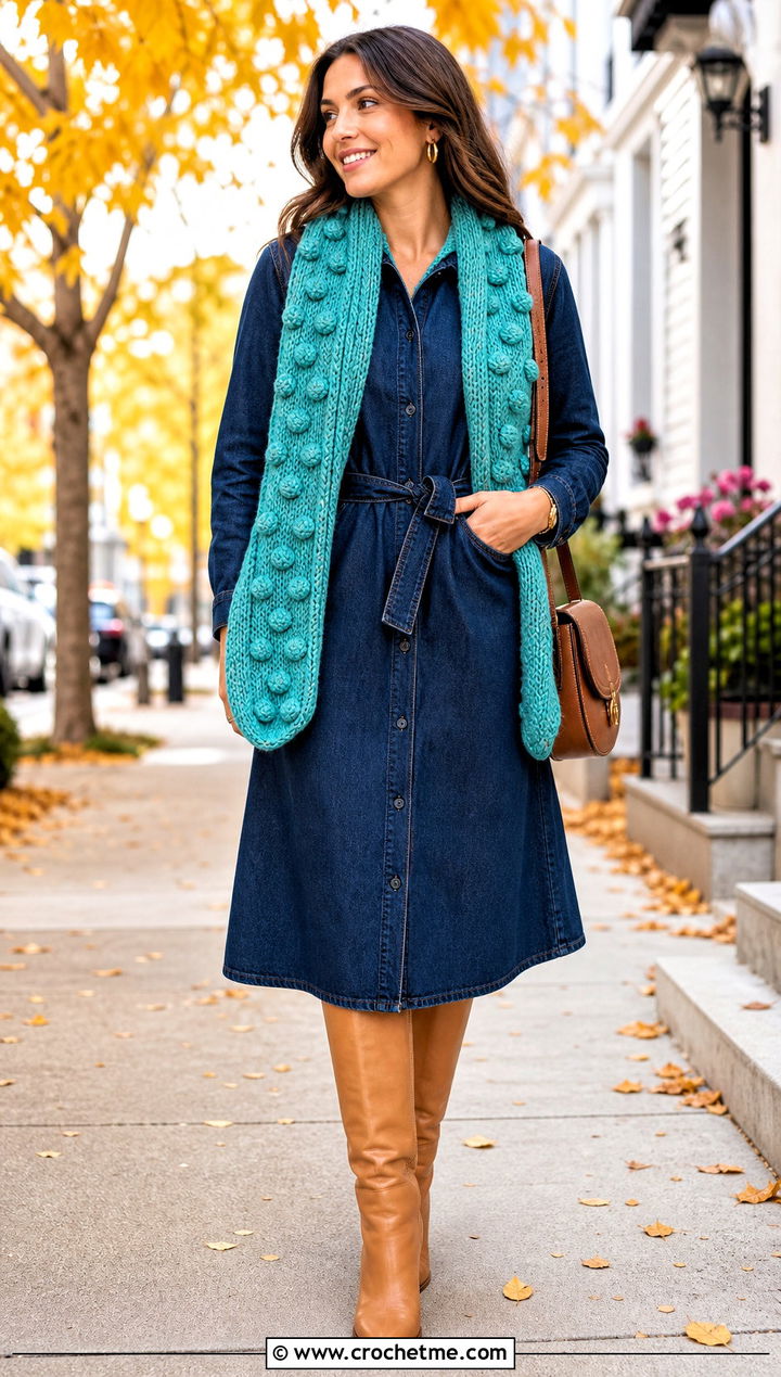 Bobble Stitch Crochet Scarf With Denim Dress - 35 crochet scarves outfit ideas