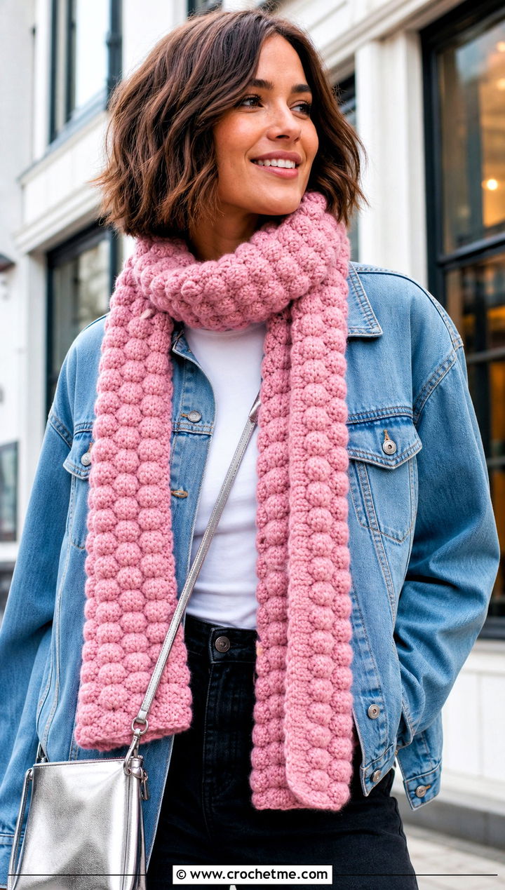 Bobble Stitch Crochet Scarf With Denim Jacket - 15 Textured Crochet Scarf Design outfit ideas