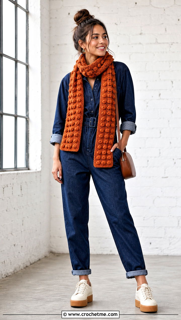 Bobble Stitch Crochet Scarf With Denim Jumpsuit - 35 crocheted scarf outfit ideas