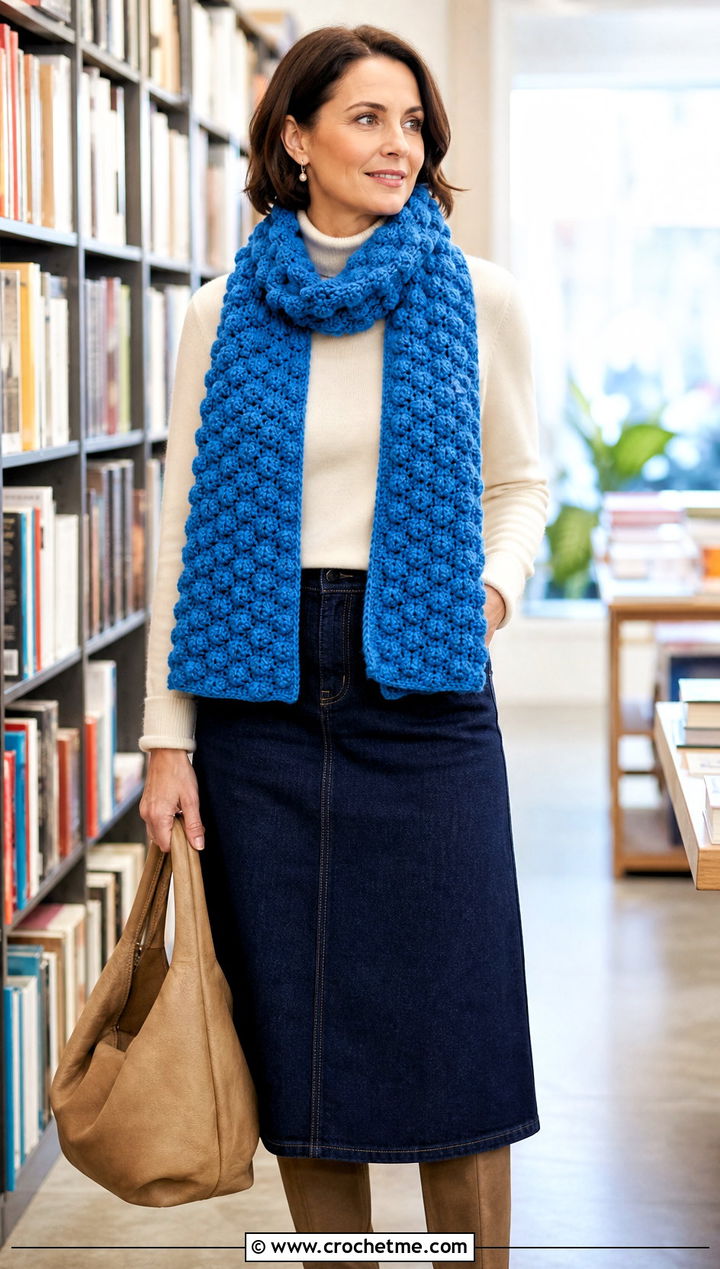 Bobble Stitch Crochet Scarf With Denim Midi Skirt - 25 boho crochet scarf outfit ideas