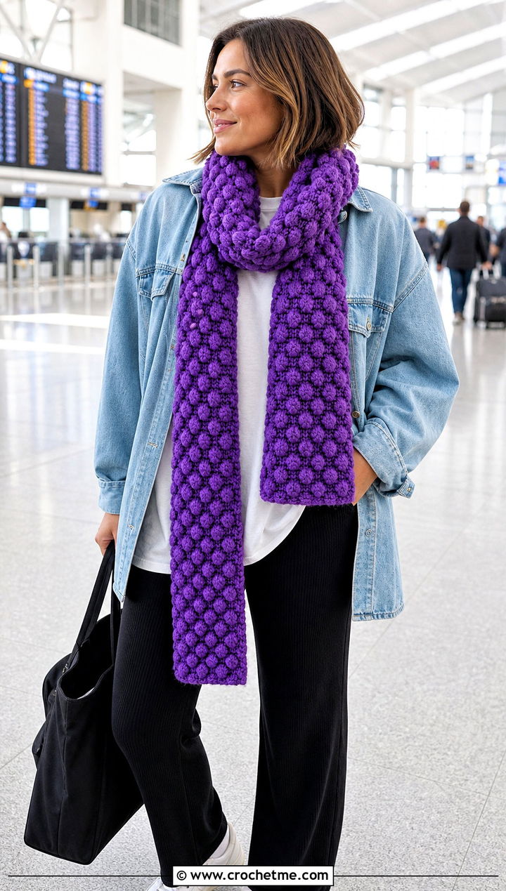 Bobble Stitch Crochet Scarf With Denim Overshirt - 25 denim and crochet scarf outfit ideas