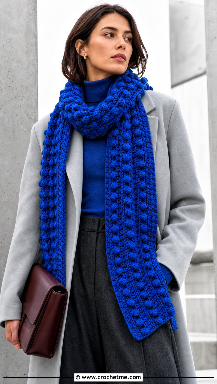 Bobble Stitch Crochet Scarf With Minimal Coat - 25 Crochet For Beginners Scarf outfit ideas