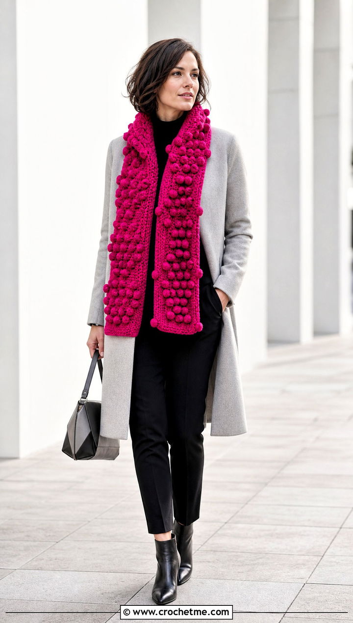 Bobble Stitch Crochet Scarf With Minimal Coat And Trousers - 35 easy crochet scarf for beginners outfit ideas