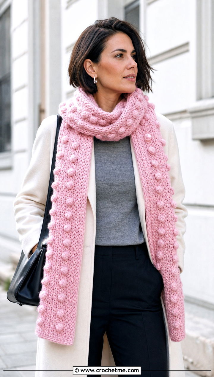 Bobble Stitch Crochet Scarf With Minimal Coat - 30 autumn crochet scarf outfit ideas