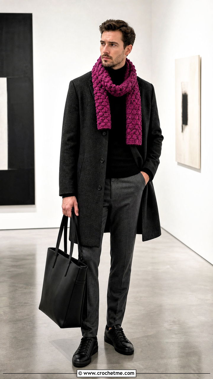 Bobble Stitch Crochet Scarf With Minimal Outfit - 35 crochet scarf for men outfit ideas