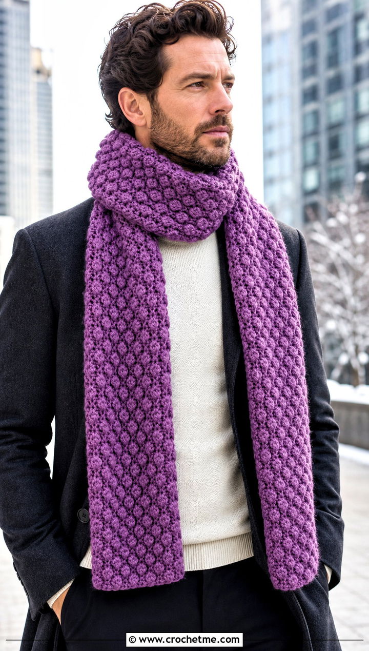 Bobble Stitch Crochet Scarf With Minimal Overcoat - 30 Mens Crochet Scarf outfit ideas