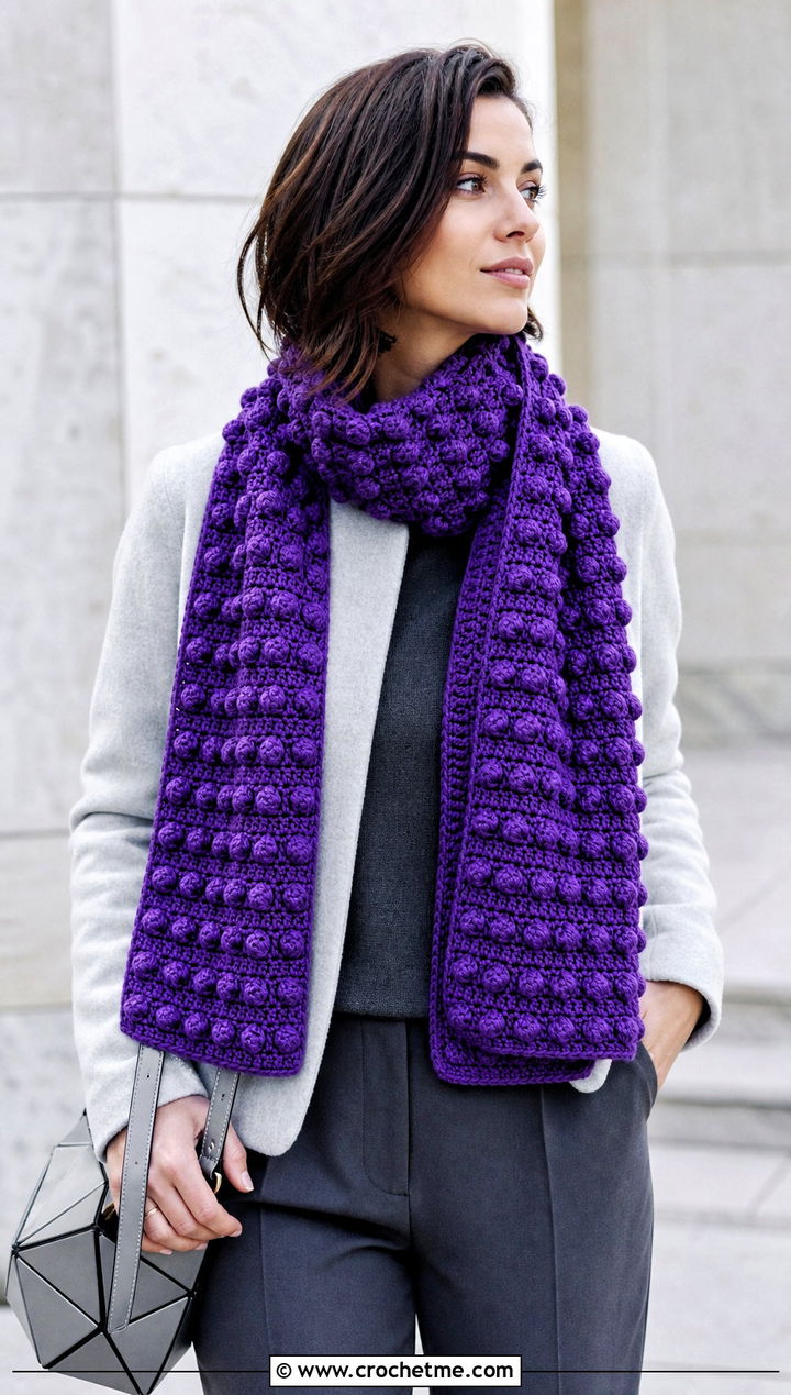 Bobble Stitch Crochet Scarf With Minimalist Coat - 25 crochet scarf design ideas