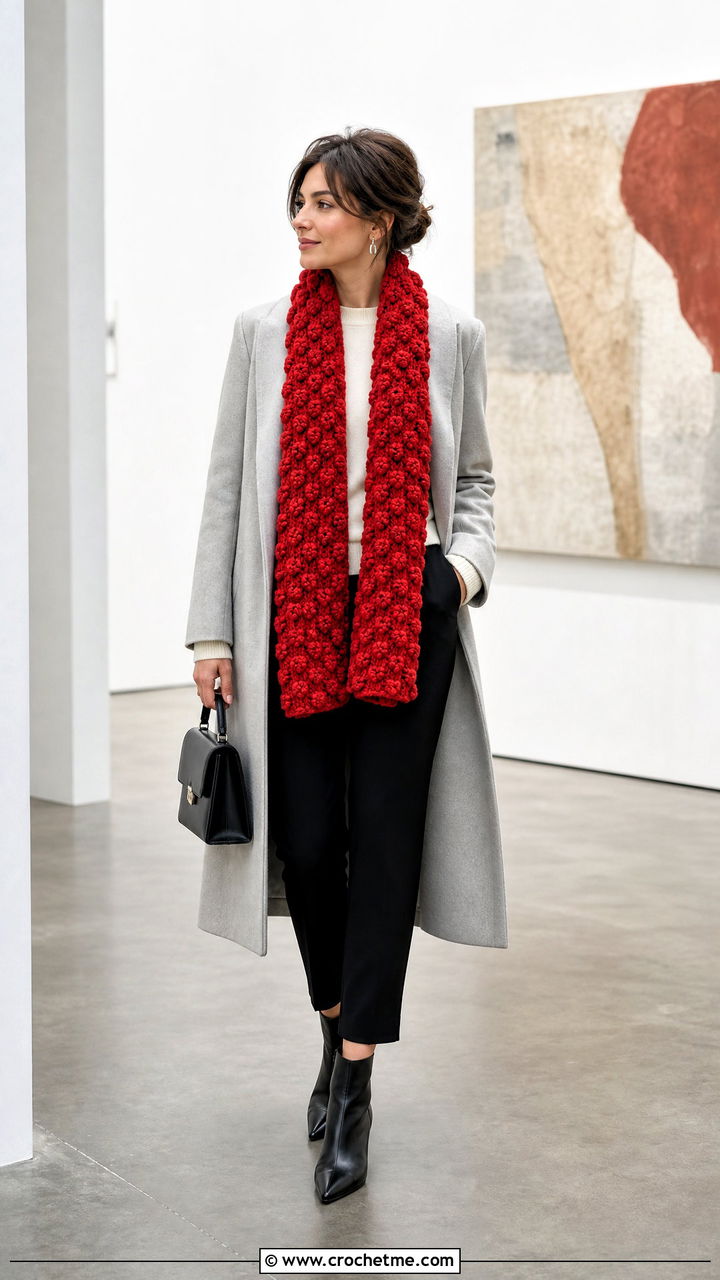 Bobble Stitch Crochet Scarf With Minimalist Coat - 35 beginner crochet scarf outfit ideas