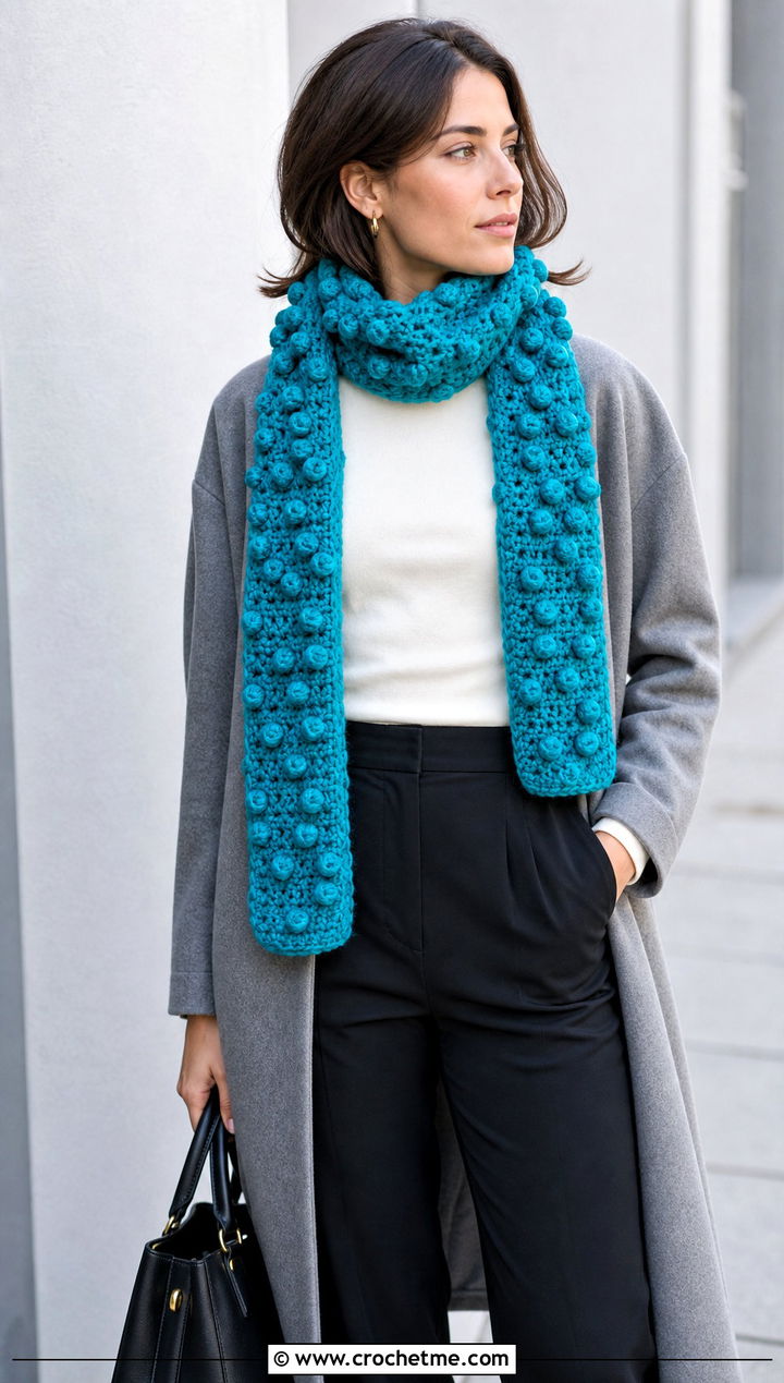 Bobble Stitch Crochet Scarf With Minimalist Outfit - 25 crochet for scarfs outfit ideas