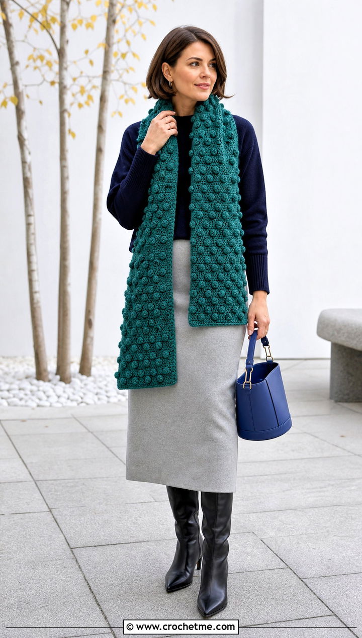 Bobble Stitch Crochet Scarf With Minimalist Outfit - 35 fall crochet scarf outfit ideas