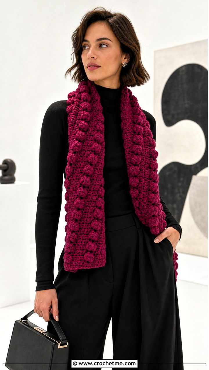 Bobble Stitch Crochet Scarf With Monochrome Outfit - 25 Quick And Easy Crochet Scarf outfit ideas